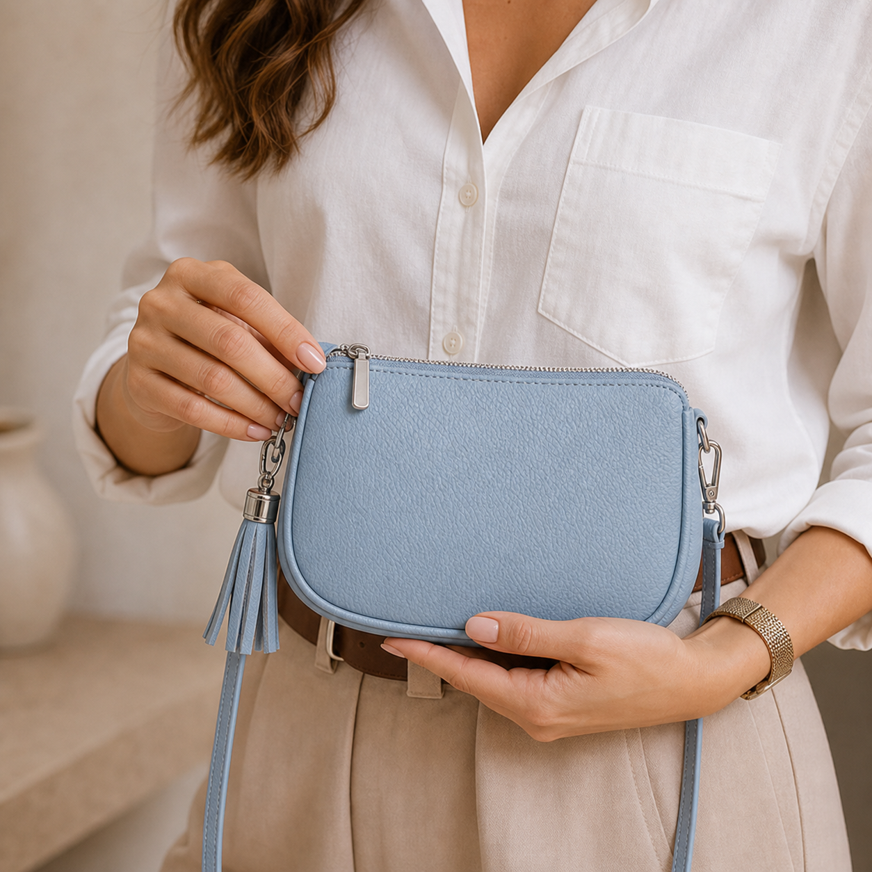 Model holding Blue Solid Color Crossbody Bag