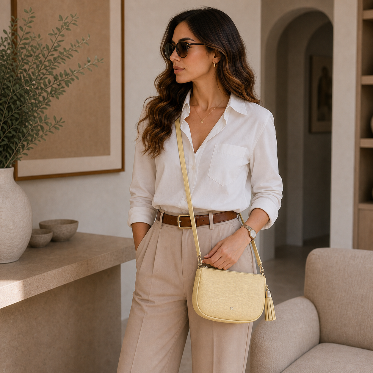 Model wearing Yellow Solid Color Crossbody Bag