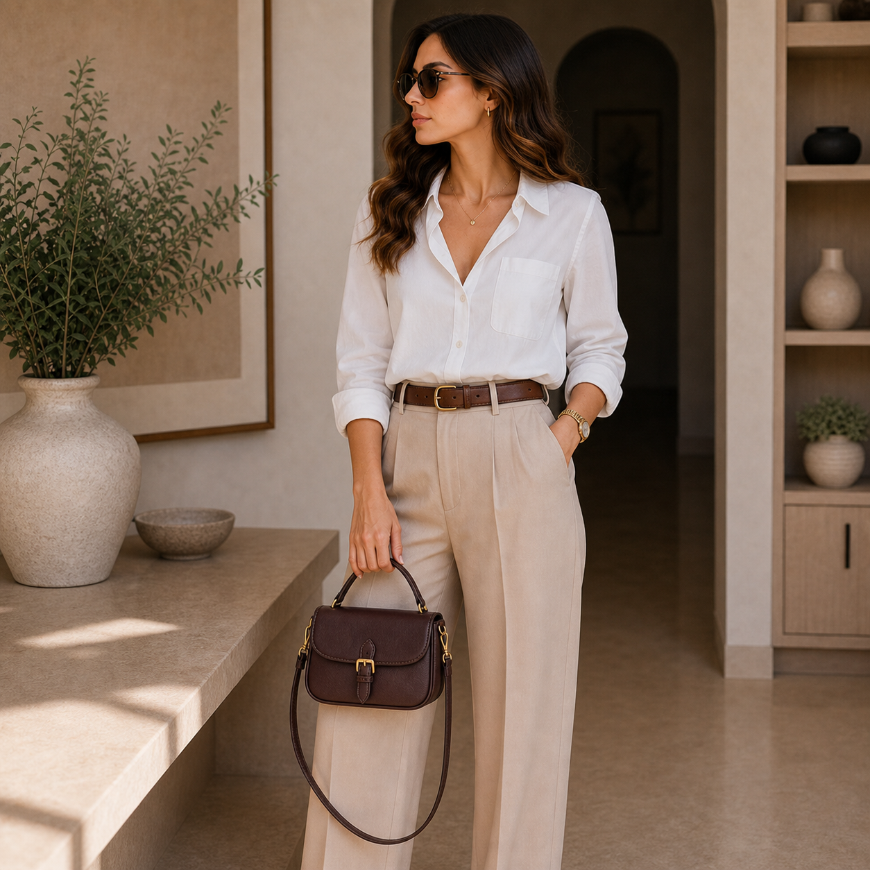 Model holding Coffee Vintage Multicolor Leather Crossbody