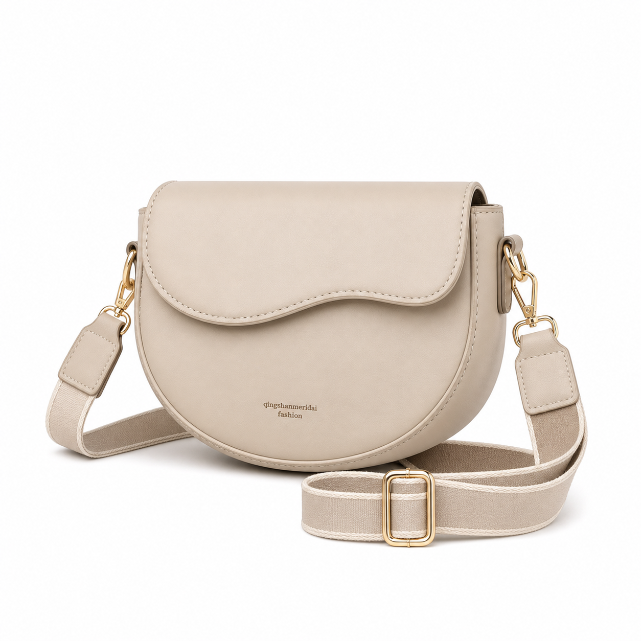 Vintage Wide Strap Saddle Bag Beige variant on white background