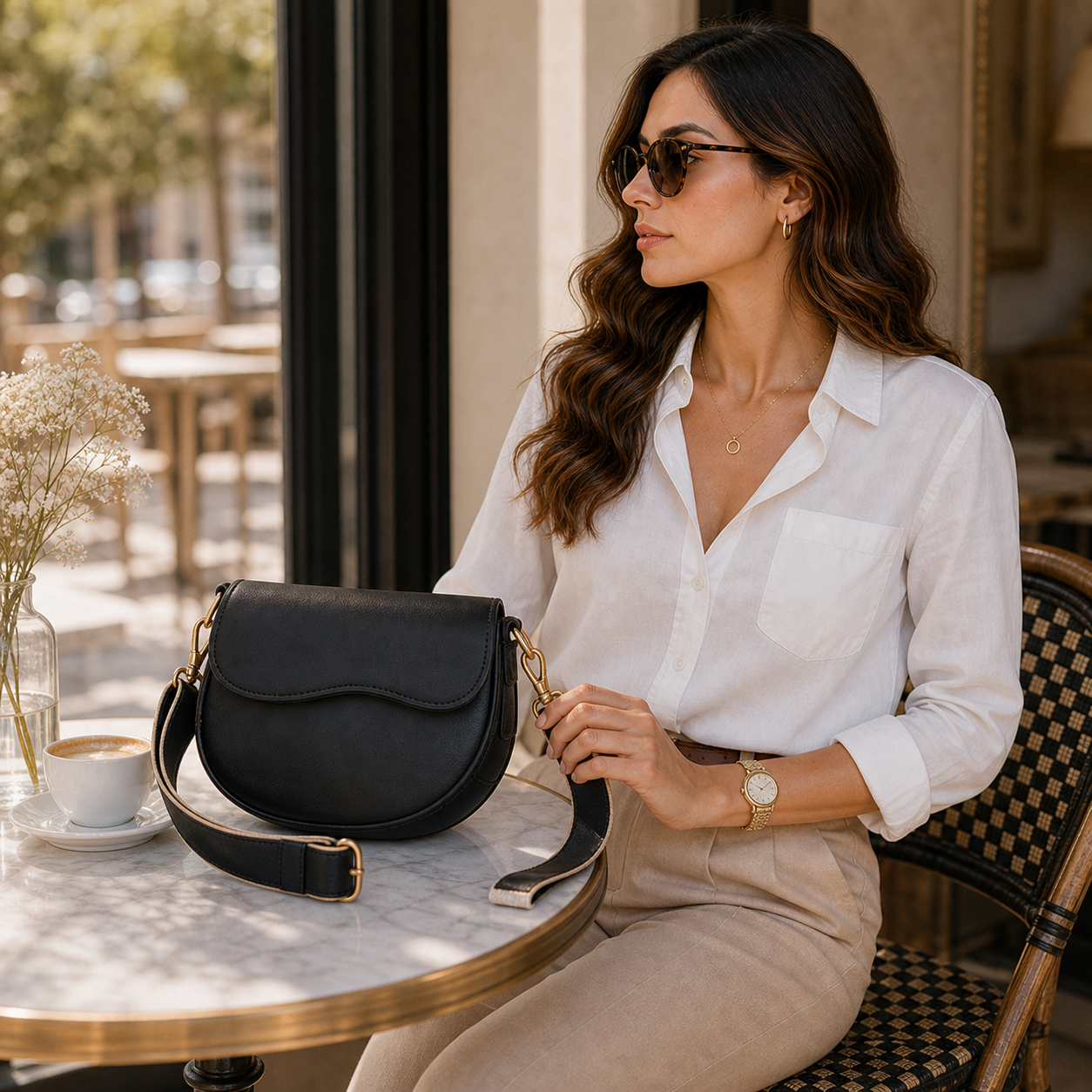 Model with Black Vintage Wide Strap Saddle Bag